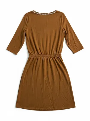 Garnet Hill Knit Dress Womens Small Brown Embroidered Elastic Waist thumbnail 6
