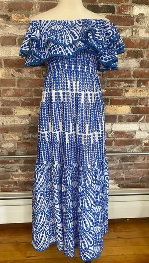 Daphne Lo Blue White Embroidered Off-Shoulder Ruffle Maxi Dress Tiered Cotton L thumbnail 1