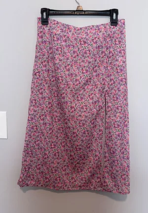Purple Pink Floral Midi Skirt Side Slit High Waisted Size Medium Rose Print thumbnail 1
