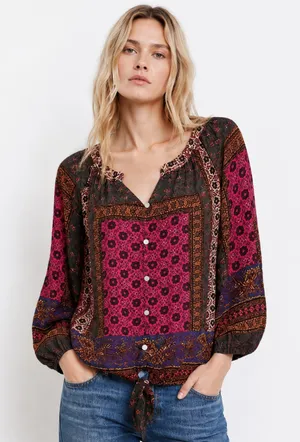 New Direction Boho Floral Button Front Tie Hem Top Pink Purple Print Size L thumbnail 1