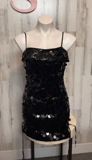 AKIRA Black Sequin Lace Up Mini Dress Womens Size Small S Spaghetti Strap Bodyco thumbnail 1