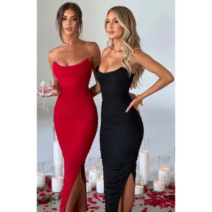 NWT Babyboo Demi Red Ruched Cowl Neck Slit Strapless Bodycon Maxi Dress Size XS thumbnail 3