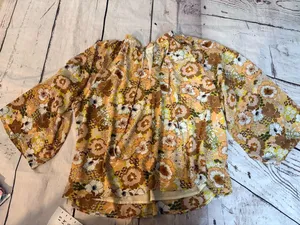 MELLODAY WOMENS retro Yellow & Brown Floral v-neck XL Top thumbnail 1