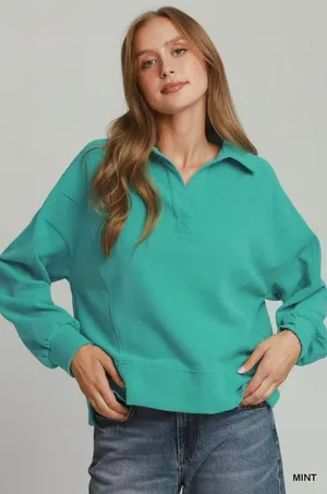 Umgee‎ Brushed Waffle Polo Collared Pullover - Medium thumbnail 1