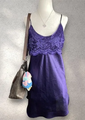 Private Luxuries Floral Slip Mini Dress Women's M Purple Satin Y2K Whimsy Fairy thumbnail 1