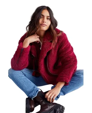 Free People We The Free So Cozy Slouch Moto Jacket Burgundy Oversized S thumbnail 1