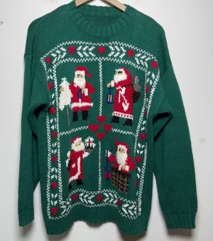 VTG 80s Women Sweater Large Green Santa Claus Holiday Christmas Knit Retro Heart thumbnail 1