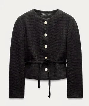 Zara NWT Textured Black tie Belted blazer cardigan Jacket with Gold Buttons thumbnail 1
