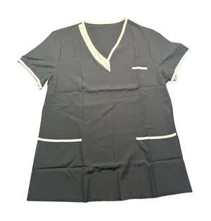 Womens Black White Trim V-Neck Scrub Top Short Sleeve Housekeeping Uniform Large thumbnail 1
