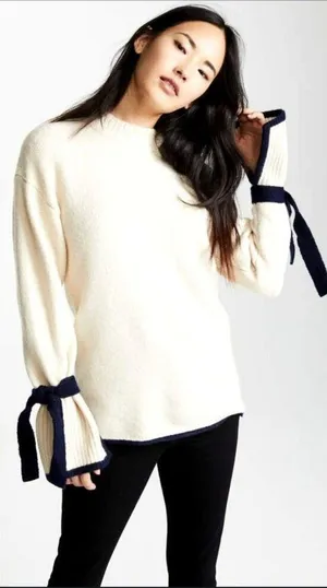 JOA Sweater Women Small Ivory‎ Navy Blue Trim Knit Hi Low Tie Sleeve Sweater thumbnail 1