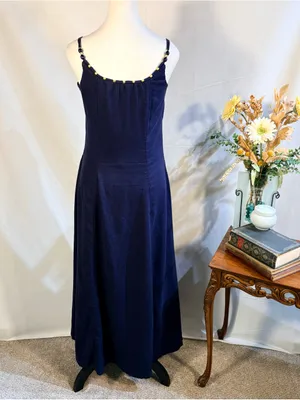 💥Calypso St. Barth Linen Blend Beaded Strap Navy Maxi Dress Sz S🧡 thumbnail 5