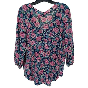 LC Lauren Conrad Womens Floral ¾ Sleeve Chiffon Blouse pleated button front sz M thumbnail 2