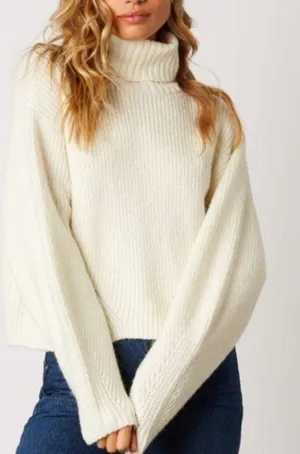 Cotton Candy‎ LA | Oversized Ribbed Turtleneck Cropped Sweater Ivory White thumbnail 1
