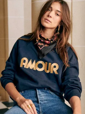 Sezane Amour Sweatshirt S Navy Gold Embroidered Organic Cotton Parisian Chic thumbnail 1