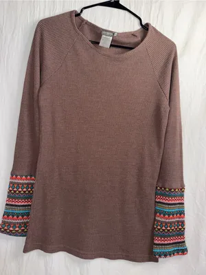 Earthbound Trading Co. Waffle Knit Long Sleeve Top Fair Isle Cuffs XL thumbnail 1