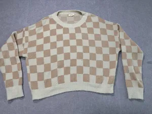 Debut Checkered Sweater Size S Beige Brown Long Sleeve Crewneck thumbnail 1