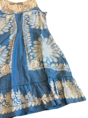 Free People Blue Ivory Paisley Lace Yoke Shift Dress Boho Mini Size 4 Women's thumbnail 11