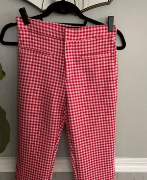 Zara NWT Red Pink Gingham Flare Cropped Pants thumbnail 4