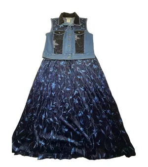 Vintage 1990s Stonebridge blue Floral velvet Satin denim Vest & Skirt Set Size S thumbnail 1