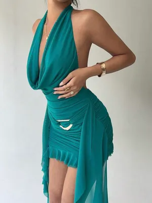Green Halter Mini Dress with Gold Accent XS thumbnail 5