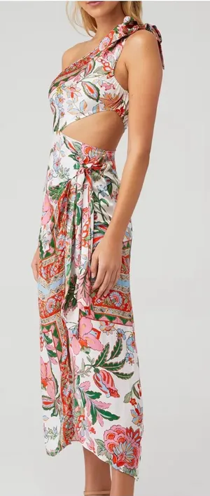 Misa Los Angeles One-Shoulder Floral Serina Maxi Dress in White, Pink, Green thumbnail 1