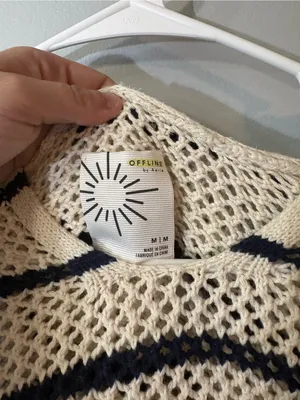 aerie‎ Cream and Navy Striped V-Neck Open-Knit Sweater thumbnail 3