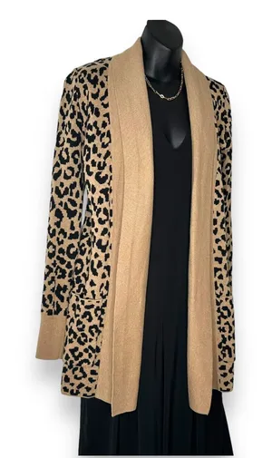 KAISLEY Leopard Print‎ Cardigan Duster Size Small Tan Brown Black thumbnail 1
