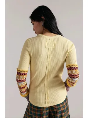 Free People All In Cuff Grunge 90s Thermal Sweater Crewneck Top Medium Yellow thumbnail 3