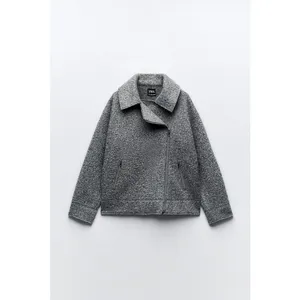 Zara Boucle Women's Gray Asymmetric Zip Collared Oversized Over Coat Jacket Sz S thumbnail 5