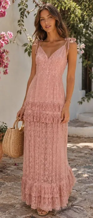 Bellevue Florence V Neck Lace Maxi Dress w/ Tiered Hem Wedding Guest Bridesmaid thumbnail 1