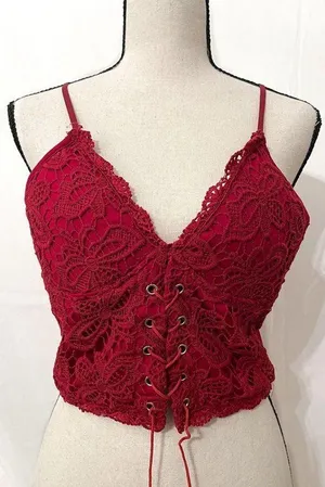 Red Lace Corset Crop Top – Zipper Back, Faux Leather Tie thumbnail 1
