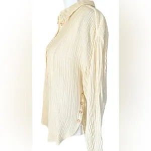 Anthropologie Beige Textured Button-Down Shirt size L thumbnail 3