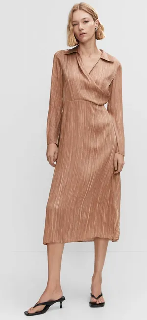 NWT Mango MNG Brown Satin Shirt Wrap Midi Dress 10 Flowy Flared Sleeve Party thumbnail 1