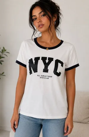 SHEIN NYC All Girls Team Ringer T-Shirt White & Black Size Small thumbnail 1