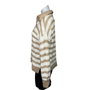 Sonoma Brown Beige Striped Print Cotton Collar Long Sleeve Sweater Top Size M thumbnail 2