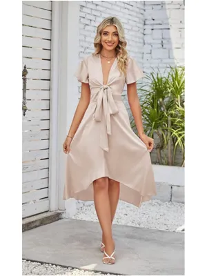 NEW Satin Deep V-Neck Short Sleeve Bow 2-Way Dress M thumbnail 3