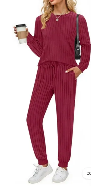 NEW Ribbed 2 Pc Lounge Set Casual Long Sleeve Tops Pants XL thumbnail 1