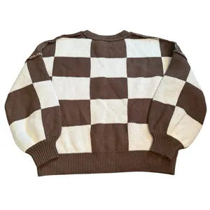 Checker Print Crewneck Sweater Brown‎ Cream Checkerboard Fall Neutral Size S thumbnail 3