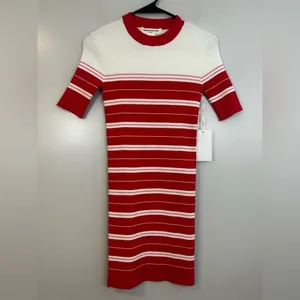 NWT Amanda Uprichard Red/Pink Ribbed Striped Short Sleeve Bodycon Mini Dress Lrg thumbnail 2
