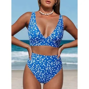 Hilinker Women's LARGE Leopard Bikini Swimsuit High Waisted 2 Piece Blue Floral thumbnail 2