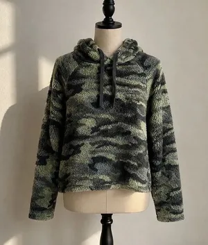 Hippie Rose Camo Fuzzy Sherpa Cropped Hoodie Sweatshirt Green Gray M thumbnail 1