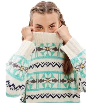 American Eagle Fair Isle Snowflake Sweater Womens‎ Small Teal Cream Knit Boho thumbnail 1