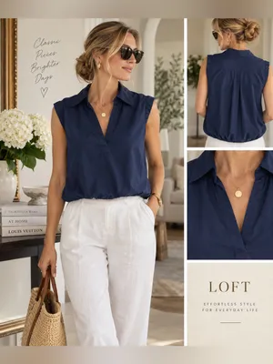 LOFT Deep Navy Cotton Poplin Sleeveless Collared Bubble Hem Top Size XL thumbnail 2