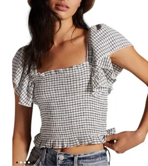 Maeve Anthropologie Smocked‎ Gingham Crop Top Women’s Small White Off Shoulder thumbnail 1