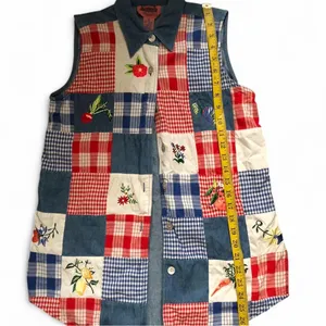 Vintage Cottagecore Farm Ranch Western Unique patchwork Button up shirt top blouss vest embroidered cowgirl Sz S Measurement in pics thumbnail 6