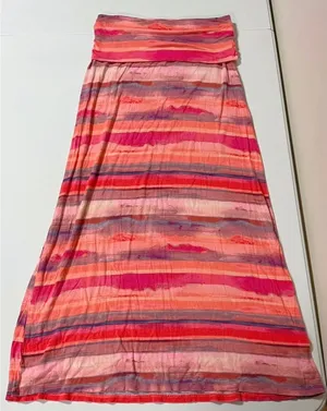Pink Coral Orange Striped Y2K Fold Over Maxi Skirt Bottoms Size S 🍊✨ thumbnail 1