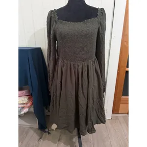 Holipick Olive Green Smocked Long Sleeve Mini Dress XL Square Neck Cottagecore thumbnail 2