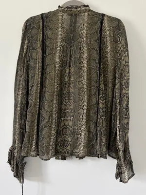 Zara Green Tan Python Snake Print Open Front Tassel Embroidered Blouse Large thumbnail 5