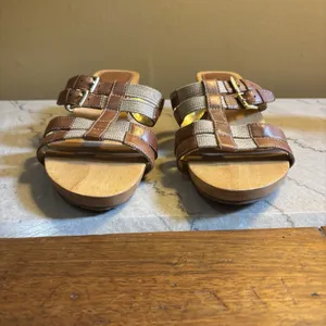 Naturalizer‎ Athina Sandals Women Size 9 Brown Wood Soles Slip-On Slide T-Strap thumbnail 3