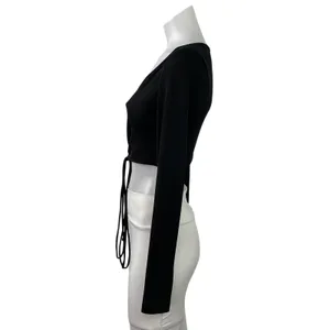 Princess Polly Womens Black Ribbed Knit V Neck Long Sleeve Ruched Tie Crop Top 6 thumbnail 2